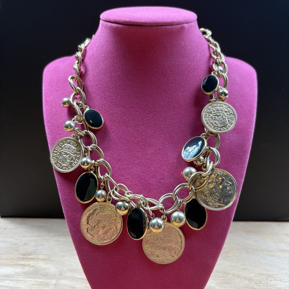 VTG Gold Tone Chunky Double Link Charm Necklace Faux Alexander The Great Coins